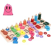Wooden Shape Sorter Puzzle Toys - Color Shape Number 3 in 1 Matching Board Stacking Learning Toy for 3+ Children (Free Storage Bag)