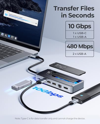 ORICO 8 in 1 USB C Docking Station with M.2 SSD Enclosure, USB C Hub for M.2 NVMe/SATA SSD, 10Gbps, 4K@60Hz HDMI, 100W PD, Ethernet, Cable Length 15cm - OM28PR