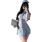 SENJIY sexy nurse lingerie for women Dress costume outfit Uniform Cosplay Anime Short Roleplay Seductive Babydoll Button Perfect for Halloween Party hat Headpiece Bodysuit Set with Headband Blue