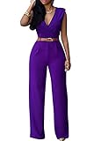 Pink Queen Women's Purple Deep v Neck Loose Long Jumpsuits Rompers with Belt XL Purple X-Large