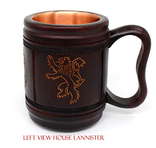 5MoonSun5's Handmade wooden Beer Mug copper Cup Carved Natural Beer Stein Old-Fashioned Barrel Brown Vintage Bar accessories - Wood Carving Stark Targaryen and Lannister Beer Mug Tankard for Men 16oz - Thumbnail 2