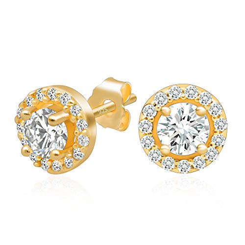 14k Yellow Gold Plated Sterling Silver Round Brilliant Cut Cubic Zirconia Halo Stud Earrings Center Stone 4mm