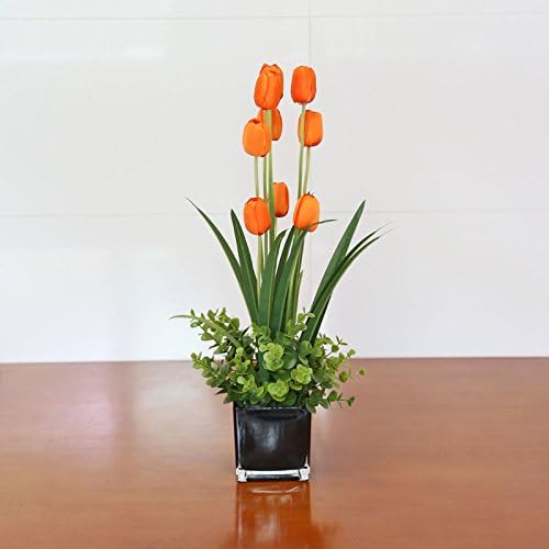 Mesmj Artificial Flowers Silk Cloth Wedding bouquets decorated dining table Bonsai,The tulip orange black glass vase 30*50Cm