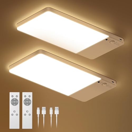 Lampara de Techo Recargable 12000mAh, 2 Pack Luz LED Inalámbrica con Sensor de Movimiento y Control Remoto, 3 Colores y Regulable, Luces para Cocina, Clóset, Baño, Pasillo, Recámara