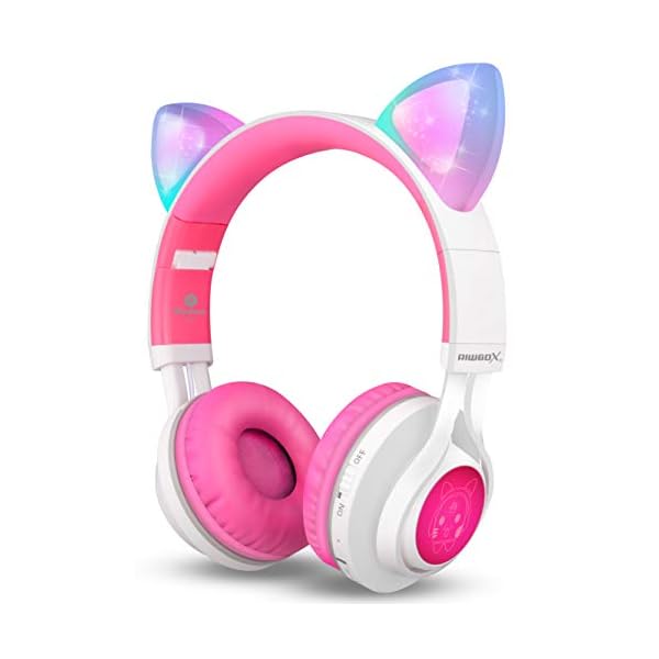 Bluetooth-Headphones-Riwbox-CT-7-Cat-Ear-LED-Light-Up-Wireless-Foldable-Headphones-Over-Ear-with-Microphone-and-Volume-Control-for-iPhoneiPadSmartphonesLaptopPCTV-WhitePink Riwbox Bluetooth Headphones, CT-7 Cat Ear LED Light Up Wireless Foldable Headphones Over Ear with Microphone and Volume…