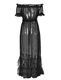 XXXITICAT Vestido largo plisado con volantes y hombros descubiertos, de malla, para mujer