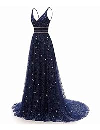 RJOAM-Vestidos de baile largos con cuentas profundas cuello en V y espalda brillantes vestidos de princesa 2019, vestido de noche de fiesta
