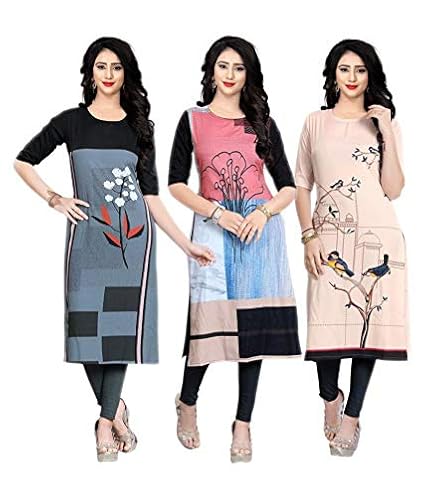 Women's Crepe Stitched Kurta Combo Pack of 3 (Black,Pink & Cream)