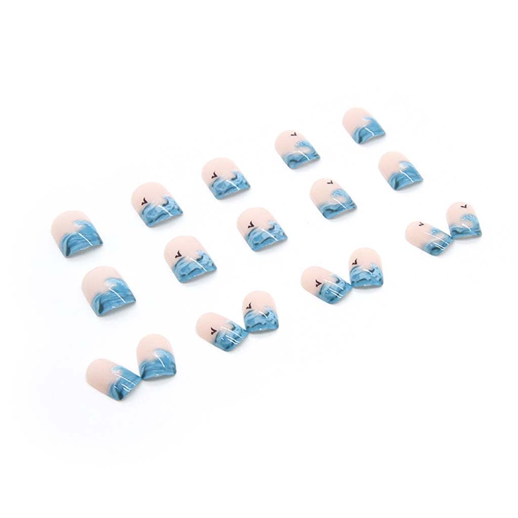RikView French Tip Press on Nails Short Fake Nails Square Stick on Nails Nails with Waves Design Blue Nails for Women - Image 4