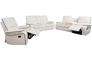 AYCP Manual Reclining Living Room Furniture, Bonded Leather Sofa w/Drop-Down Console, Loveseat w/Storage Console, Chair for Living Room/House/Bedroom/Office/Apartment (Ivory White, 3 Pieces)