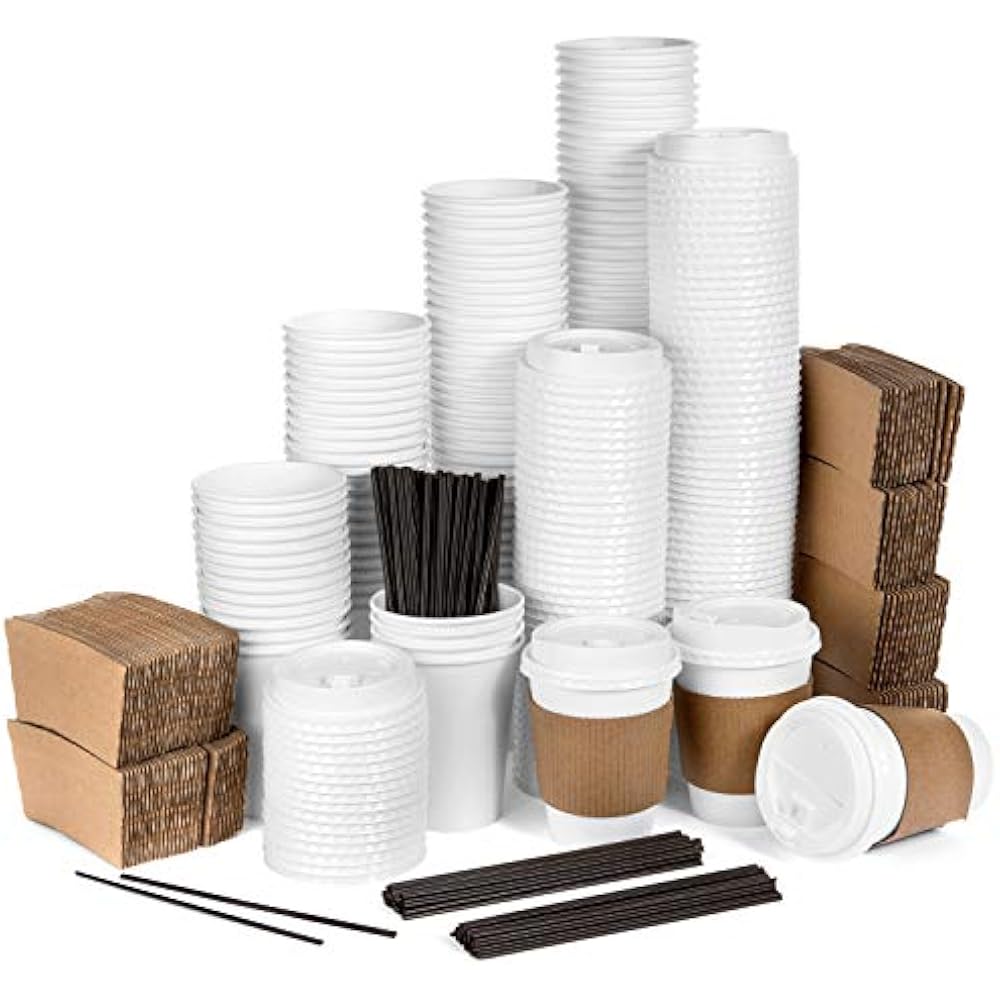  120 Pack Oz Disposable Hot Paper Coffee Cups, Lids, Sleeves, Stirring