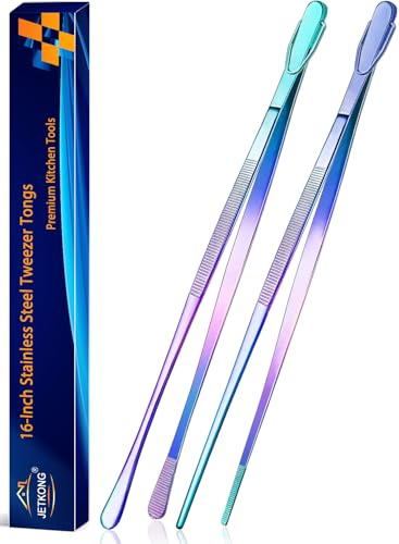 JETKONG 2 Pcs 16-Inch Stainless Steel Fine Tongs Extra Long Chopstick Tongs Long Kitchen Forceps for Cooking (Rainbow)