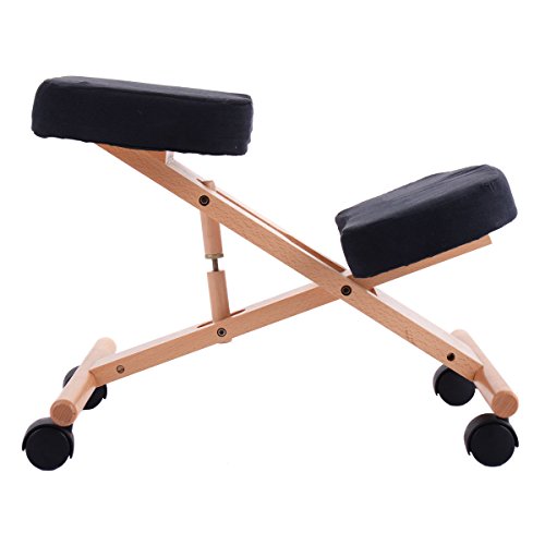 Ergonomic Kneeling Chair Wooden Adjustable Mobile Padded Seat and Knee Rest New Black