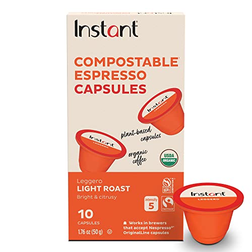 INSTANT COMPOSTABLE ESPRESSO CAPSULES, LEGGERO LIGHT ROAST, 10 PLANT-BASED CAPSULES, FROM THE MAKERS OF INSTANT POT, ECO-FRIENDLY, 100% ORGANIC, ARABICA ESPRESSO CAPSULES WITH COMPOSTABLE INNER BAG