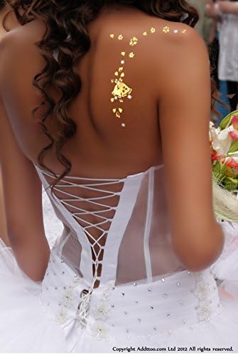 Festive Bells with Hearts and Flower Chain Temporary Body Art Tattoo. Water Resistant. With Sparkling Swarovski Crystals. Presented in an Elegant Pillow Box. For Parties, Clubbing, Festivals, Holidays, Weddings, or As a Unique Present. (Gold)