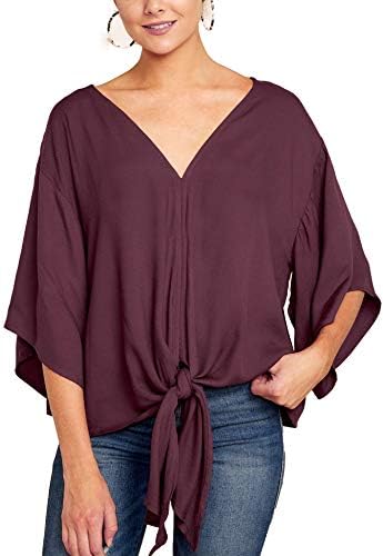 Allimy Women Summer Casual Short Sleeve Batwing Shirts Cotton V Neck Tops and Blouses 2019 Wine Medium