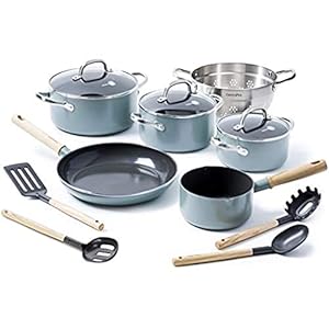 GreenPan-Mayflower-Ceramic-Non-Stick-Cookware-Set-13-Pieces-Sky-Blue GreenPan Mayflower Healthy Ceramic Non-Stick 13-Piece Cookware Pots and Pans Set, Vintage Wood Handle, PFAS-Free…