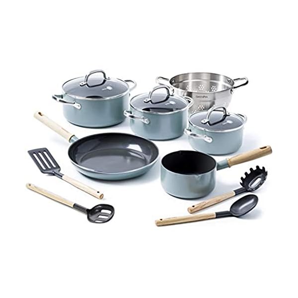 GreenPan-Mayflower-Ceramic-Non-Stick-Cookware-Set-13-Pieces-Sky-Blue GreenPan Mayflower Healthy Ceramic Non-Stick 13-Piece Cookware Pots and Pans Set, Vintage Wood Handle, PFAS-Free…