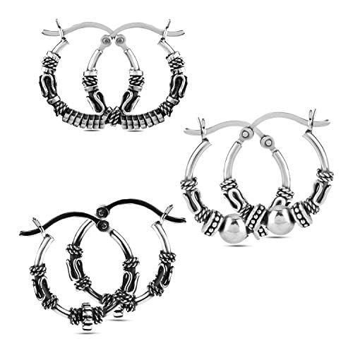 LeCalla 925 Sterling Silver Hoop Earrings Set of 3 Pair Lightweight Click Top SMALL Balinese Hoop Earrings for Women Men - 17MM