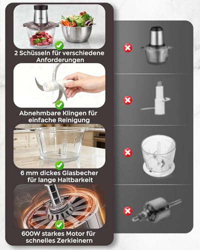 Bear 2 L + 1.8 L Electric Mini Chopper 600 W 2 Speed Levels Chopper with 4 Stainless Steel Blades and Meat Grinder, Glass Container Chopper for Meat, Baby Food, Fruit, Vegetables | Glass & 304 stainless steel bowls, 2 speeds, 4 steel blades, chopping meat, baby food, fruit, vegetables