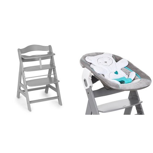 hauck Alpha+ Wooden Highchair - Grey + Alpha Bouncer 2 in 1 Grey