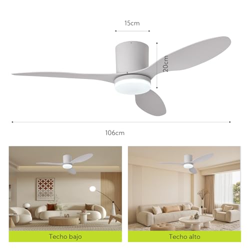 Ventilador de Techo con Luz y Mando a Distancia, 106cm, Motor DC Silencioso de Bajo Consumo, 3 Aspas de ABS Blanco (Anticorrosión), LED Regulable 3 Tonos, Temporizador, para Dormitorio y Salón