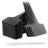 Whaline 100 Pcs Plastic Plant Labels Waterproof Nursery T-Type Garden Tags Black Plant Markers 2.36" x 3.94" with White Marker Pen