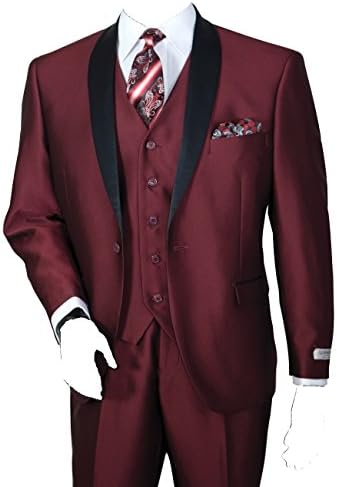 Men's Three Piece Single Button Slim Shine Evening Suit (Dark Burgundy)
