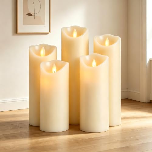 Da by - LED Candles, Set of 5 Decorative Candles (14cm, 15cm, 16cm, 18cm, 20cm), 10 Touch Flameless Candle, Flashing LED Flame, Made of Real Wax