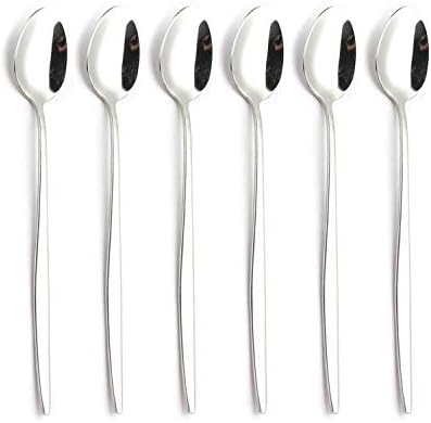 Long Handle Spoon, 8.1-inch Ice Tea Spoon, QMFIVE Premium 18/8 Stainless Steel Spoon Set for Mixing, Cocktail Stirring, Tea, Coffee, Milkshake, Cold Drink, Set of 6 (Ellipse)