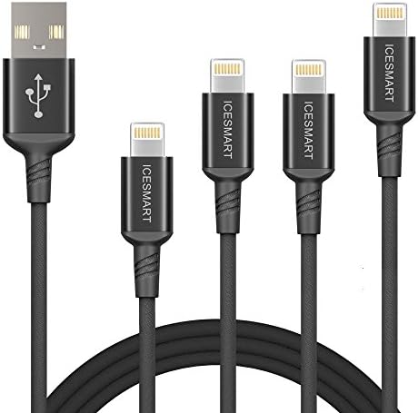 ICESMART Lightning Cable, 4Pack 1FT 3FT 3FT 6FT iPhone Charger Cable Nylon Braided USB Charger Data Sync Cord Compatible with iPhone X/8/8 Plus/7/7 Plus/6s/6s Plus/6/6 Plus/5/5S/5C/SE/iPad(Black)