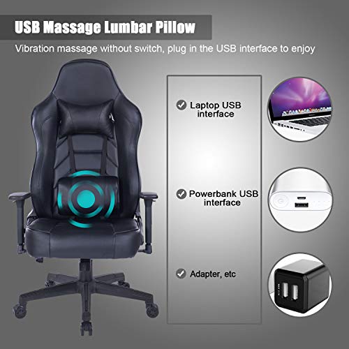 Blue Whale Gaming Chair with Massage Lumbar Pillow, PC Computer Video Game Racing Chair Reclining Executive Ergonomic Office Desk Chair with Headrest BW/291Black