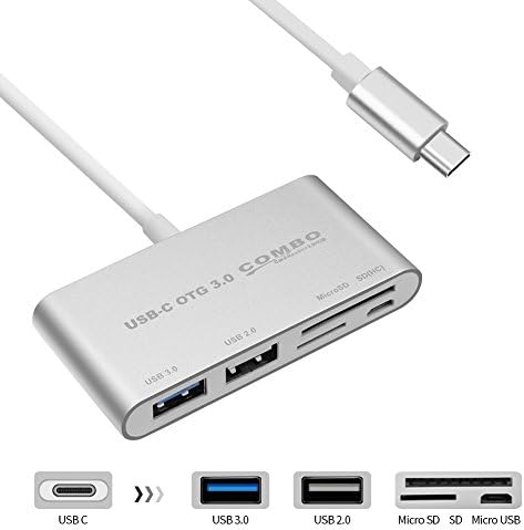 USB C Hub, AQQEF 5 in 1 USB C Micro SD Card Reader with USB 3.0/USB 2.0 and Micro USB Charging Port for USB C OTG Smart phone and laptop (Silver)