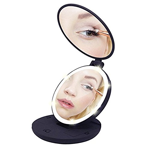 1X/10X Vanity Mirror, SILKY SELECT Tri-fold Travel Lighted Makeup Mirror Illuminated with 6 LED Lights, Standing Double Folding Mirror for Eye Makeup, 10X Magnifying, Compact for Women-Black