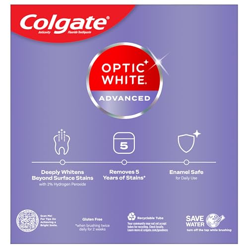 COLGATE OPTIC WHITE ADVANCED HYDROGEN PEROXIDE TOOTHPASTE, TEETH WHITENING TOOTHPASTE PACK, ENAMEL-SAFE FORMULA, HELPS REMOVE TEA, COFFEE, AND WINE STAINS, SPARKLING WHITE, 3 PACK, 3.2 OZ