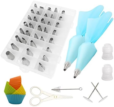 58Pcs Cake Icing Piping Nozzles Tips Decorating Baking Tools, IWIVI DIY Pastry Decoration Kits Include Reusable/Disposable Piping Bags, Couplers, Flower Lifter, Cake Nozzle Brush, Flower Nail (58 Pcs)