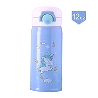 FairyShe Cute Water Bottle Cup Stainless Steel Thermos for Girls,kids Portable cover Insulated Leak Proof Vacuum Cup Flask for Family and School Party (12 oz Pink) (12 oz, Blue)