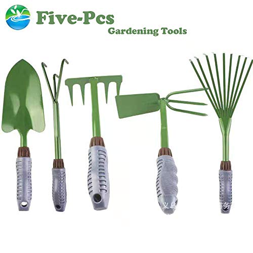 KEJIH Five-Piece Gardening Tools Set Potted Flower - Including Double Use Hoe 3 prongs,9-Teeth Leaf rake, 5-Teeth rake,Cultivator/Weeder,Trowel/Shovel with High Carbon Steel and Soft PVC Handle Grip