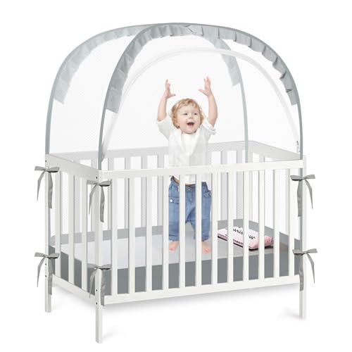 PandaEar Pop Up Crib Tent to Keep Baby from Climbing Out, Breathable Crib Net Mesh Canopy, Babies Crib Cover with Zipper, Easy Installation (Grey)