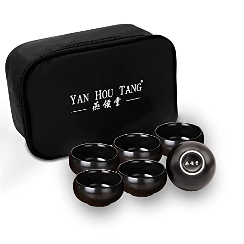 Yan Hou Tang 6 of Ceramic Sake Tea Cups Tiny Small Chinese Traditional Ceremony Teaware Black - 45ml 1.6 Ounces Handcraft Gift Box Pack Steady Premium Pottery Asia Japanese Gongfu Style Hot Cold