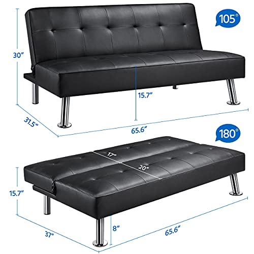 Yaheetech Modern Folding Futon Loveseat Black Faux Leather Futon