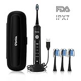 O'bella Sonic Electric Toothbrush, 48000/rpm and 5 Optional Modes Rechargeable Black Toothbrushes for Deep Cleaning, Smart Timer, Waterproof, 4 Replacement Heads &2 Travel Cases