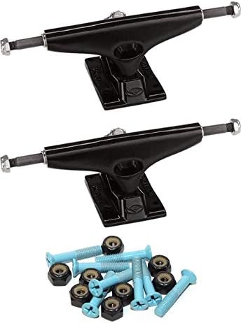Krux Trucks Standard Black/Black Skateboard Trucks - 5.625" Hanger 8.25" Axle with 1" Light Blue Hardware