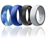 Silicone Wedding Ring For Men By ROQ Affordable Silicone Rubber Band, 4 Pack - Arctic Camo, Metallic Look Silver, Black, Blue - Size 13