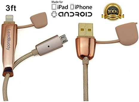 Lightning Cable Dual USB To Micro, Gold Braided Nylon, LeadBuddy For iPhone 5, 5C, 5S, 6, 6S, 6 Plus, 6S, 7, 7 Plus