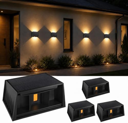 Aplique Solar Pared Exterior, 3000K Blanco Cálido Lámparas Solares Exteriores Pared, Ángulo Del Haz Arriba y Hacia Abajo, Luces Solares para Jardín Camino Garaje Patio Terraza, 4 Piezas