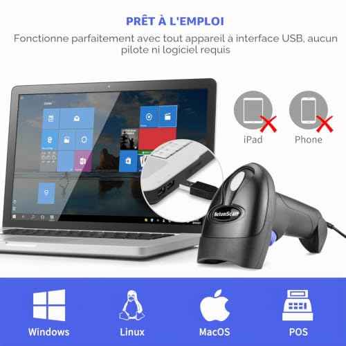 NetumScan - CCD Wireless Barcode Scanner, USB Automatic Barcode Reader Compatible with PC and Mac Laptops, NSL6