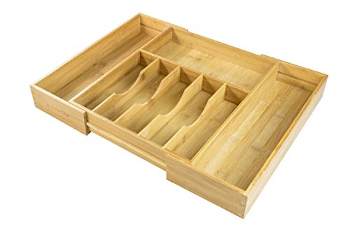 KitchenEdge High Capacity Kitchen Drawer Organizer for Silverware, Flatware and Utensils, Holds 16 Placesettings, 100% Bamboo