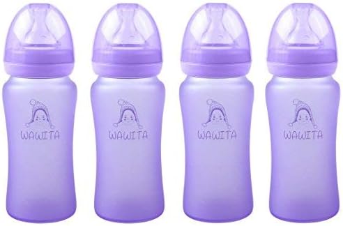 Wawita Glass Baby Bottle with Unique Silicone Protection, Anti-Colic Soft Silicone Nipple, Lightweight Breastfeeding Bottle, Medium Flow, 4 Count (Purple, 8 Ounces)