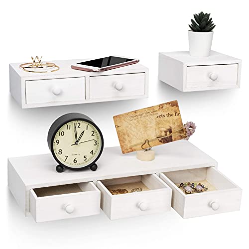 Emfogo Floating Shelves for Wall Storage, Rustic Wood Floating Drawers Multiuse as Apothecary Cabinet or Floating Nightstand, Farmhouse Wall Shelves for Bedroom (Set of 3, White)